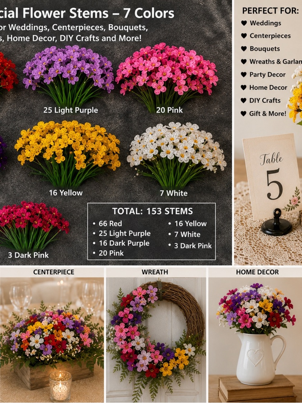 153 Artificial Flower Stems – Wedding, Centerpieces, Crafts, DIY – 7 Colors
